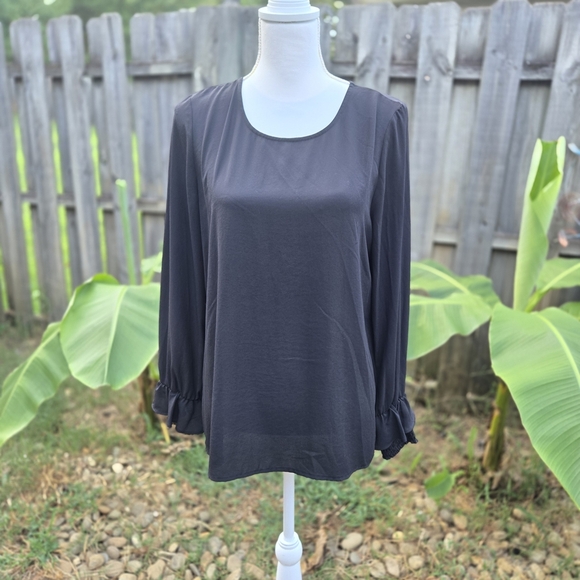 Pleione Medium Black Blouse with Ruffle Sleeves Light Weight Sheer Minimalist - Picture 2 of 8
